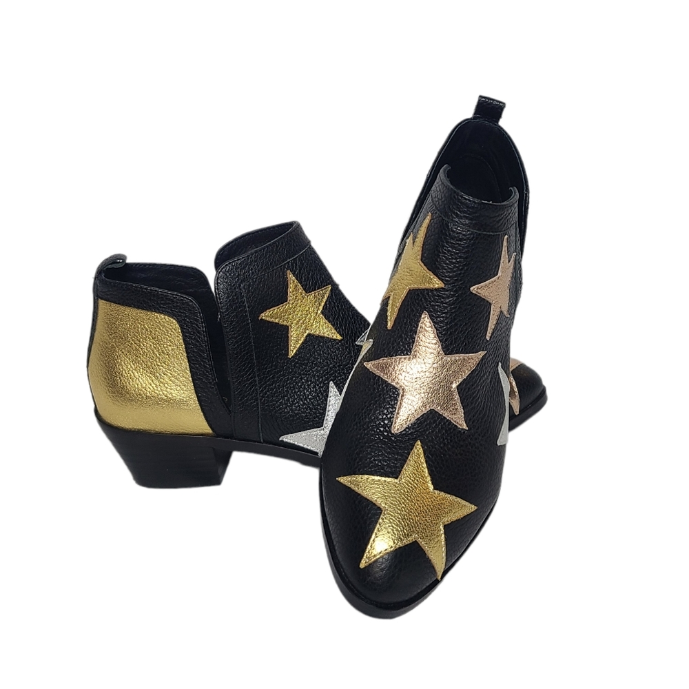 LuLaRoe Laura Leather Ankle Boots Gold Silver & Pink Metallic Stars Size 6.5